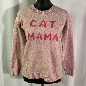 LOFT Pink Cat Mama Wool Blend Long Sleeve Crew Neck Sweater